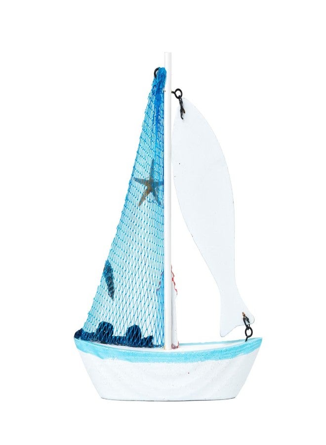 EAZYWAGON Wooden Decorative Sailboat Nautical Model Showpiece - 15x4x22 cm | Miniature Sailing Boat Showpiece for Home Decor, Living Room, Office & Table Desk Decoration | Light Blue Border-Big Fish - Image 2